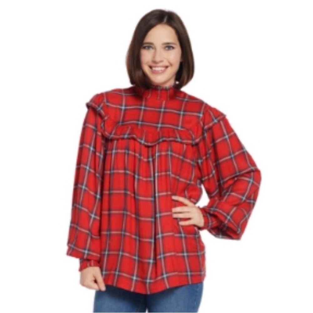 Peace Love World Red Plaid Ruffle Women's Holiday Christmas Top Blouse Size 1X